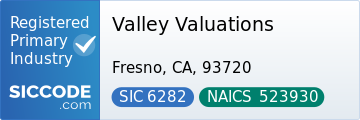 Valley Valuations, SIC Code 6282, NAICS Code 523930
