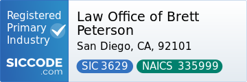 Law Office of Brett Peterson, SIC Code 3629, NAICS Code 335999