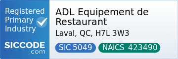 ADL Equipement de Restaurant, SIC Code 5049, NAICS Code 423490